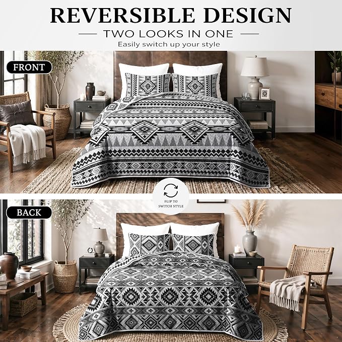 akkialla Reversible Black Boho King/Cal King Quilt Set, 2-Piece Bohemian Aztec - Image 3