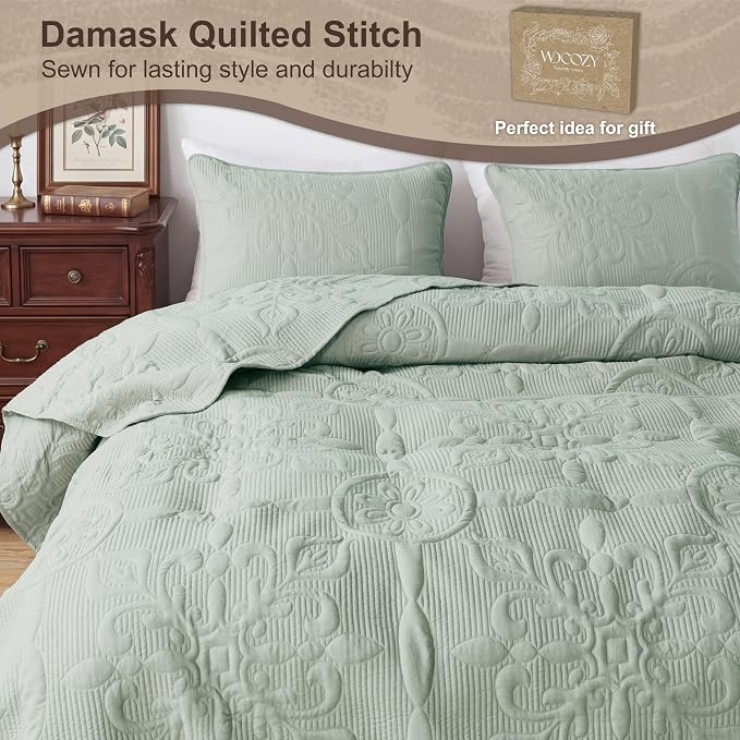 Sage Green Damask Quilt Queen Size Bedding Sets - Image 4