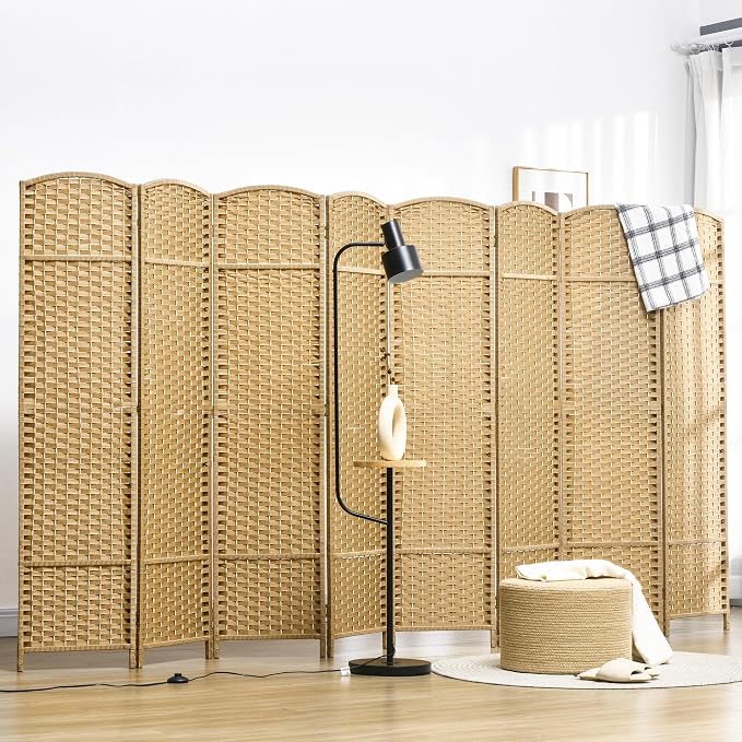 HOMCOM Room Divider 8 Panel Folding Privacy Screen 5.6' Tall Nature Wood | - Image 2