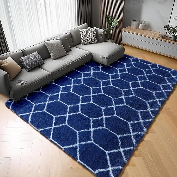 5x7 Area Rugs for Living Room Bedroom, Fluffy Navy Blue and White Throw Rug by ONASAR