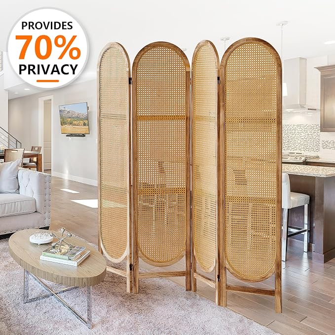 4 Panel Rattan Room Divider, Folding Room Divider Screen, Natural | Pine Wood - Image 2