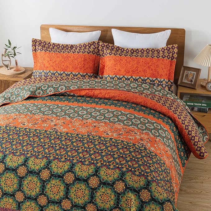 Boho Stripe Quilt Sets Floral Printed Reversible Soft Bohemian Bedding Set - Image 3