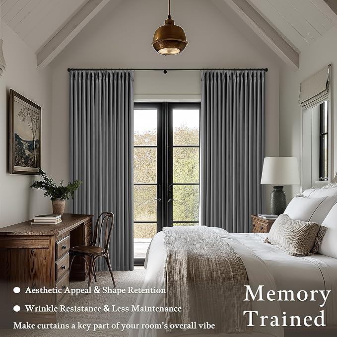 Dark Grey Pleated Thick Linen Blackout Curtains 80 Inches Long - Image 4