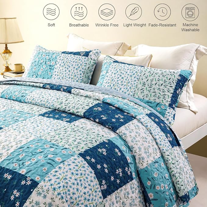 Whale Flotilla Patchwork Quilts Twin Size, Extra Soft Floral Bedspreads | Blue - Image 4