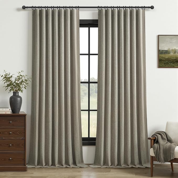 Grey Green Blackout Linen Curtains 102 Inches Long by QJMYDECO