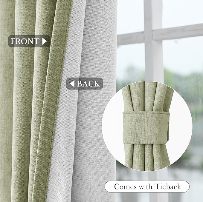 Macochico Extra Wide 100% Blackout Chenille Curtains 100" Wx102 L Thermal Curtains for Sliding Door Room Divider Living Room Bedroom Hotel Green Tint Blackout Curtains Grommet with Tieback 1 Panel