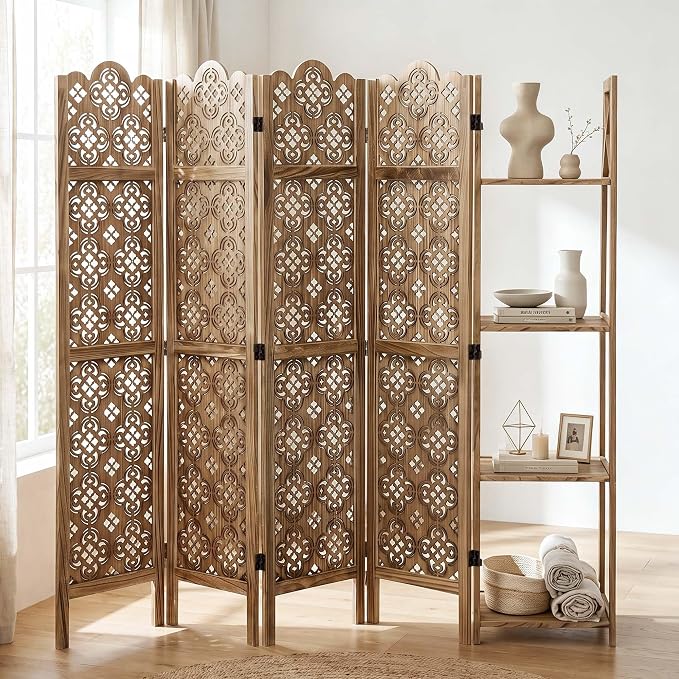 Svimi Wood Room Divider with 4-Tier Shelves, 4 Panel Privacy Screen | 4-panel - Image 2