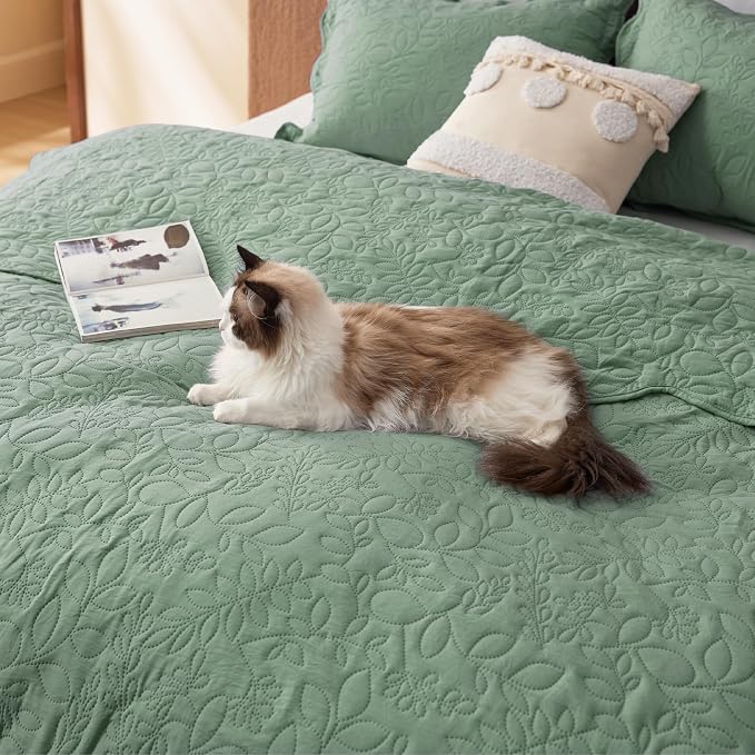 Bedsure Quilt Queen Size Bedspread, Thin Comforter, Sage Green Leaf Coverlet - Image 8