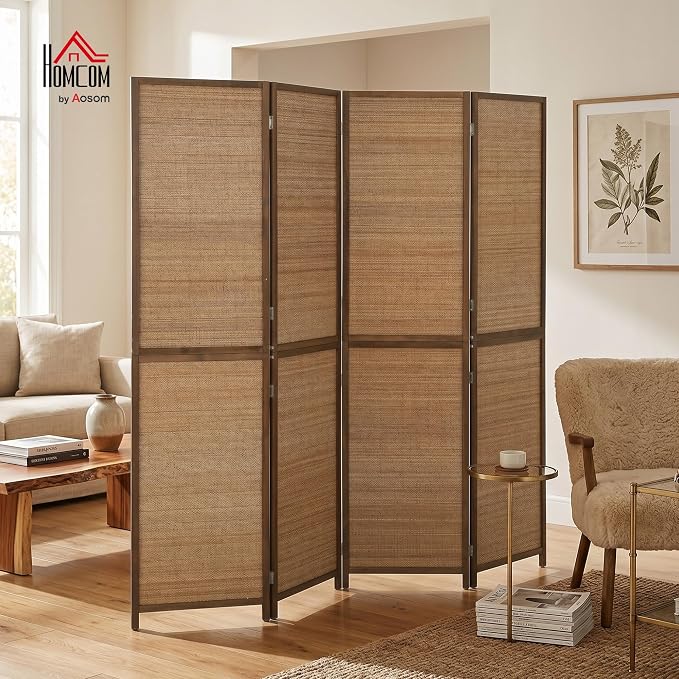 HOMCOM Room Divider, 6 FT Tall Folding Privacy Screen, 4-Panel Boho Brown | - Image 2