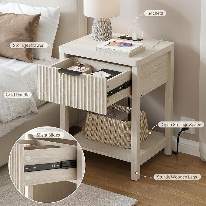 Night Stand Set 2, Fluted Wood Nightstands w/Charging Station - Image 5