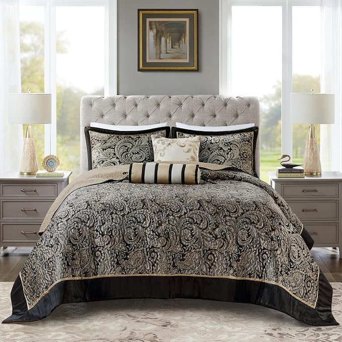 Madison Park Reversible Jacquard Quilted King Bedspread Set Black, All-Season by MADISONPARK