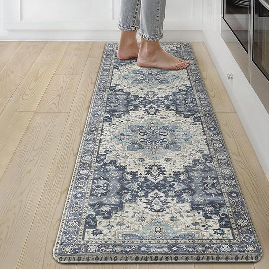 GENIMO Kitchen Mats for Floor, Washable Anti Fatigue Mat for Cushioned, 17.3"x59", Waterproof Kitchen Rugs, Non Slip Foam Comfort Standing Mat Rug for Home, Runner, Sink, Laundry, Center Blue