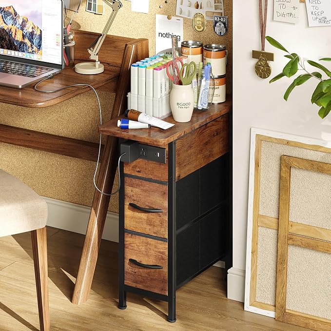 Huuger Narrow End Table with Charging Station, Side Table with 2 Drawers | Slim - Image 8