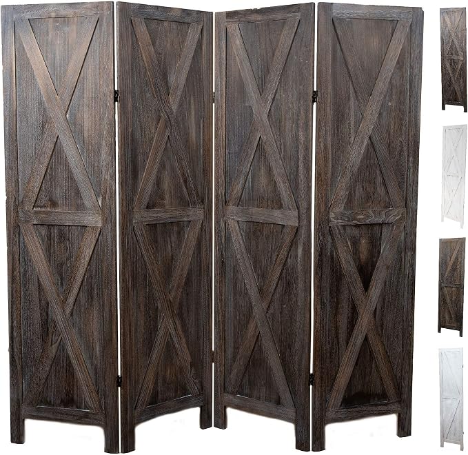 Premium Home 4-Panel Room Divider – Rustic Brown Barn Door, X Pattern Folding by PremiumHomeDecor