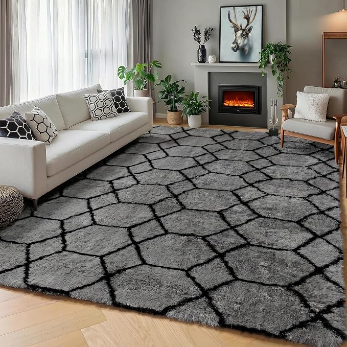5x7 Area Rugs for Living Room Bedroom, Fluffy Grey and Black Throw Rug by ONASAR