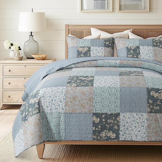 SLPR - Wildflowers Blue Floral Patchwork Cotton Quilt Set, King and 2 Shams | by SLPR