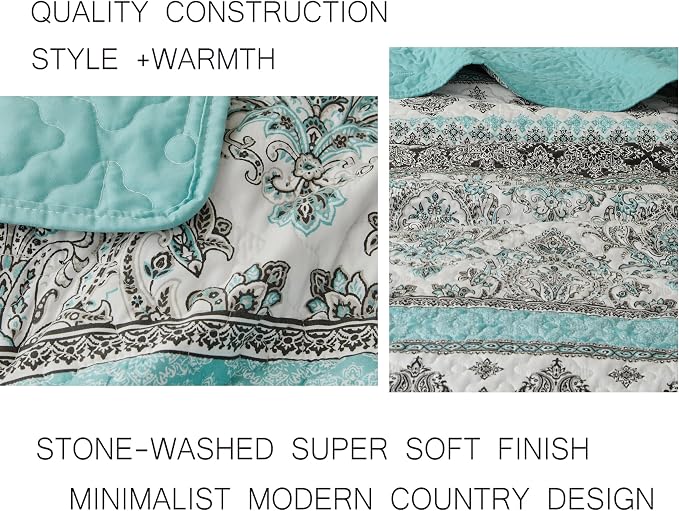 Chezmoi Collection Herald 3-Piece Printed Quilt Set, Aqua Blue Black White Boho - Image 7