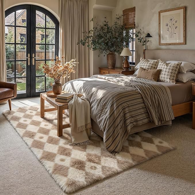 Brown 6x9 Area Rug for Living Room Soft Checkered Shag Carpet | Machine Washable - Image 4
