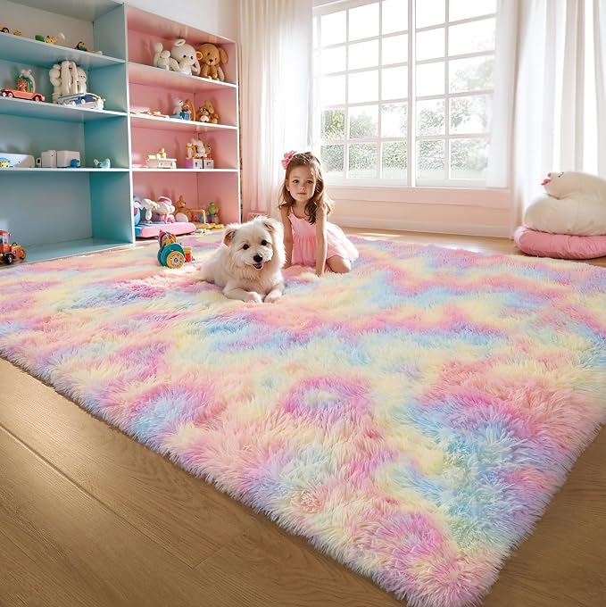 6x9 Rainbow Unicorn Rug for Kids Bedroom, Soft Plush Shag Carpet | Pastel by KICHOWUA