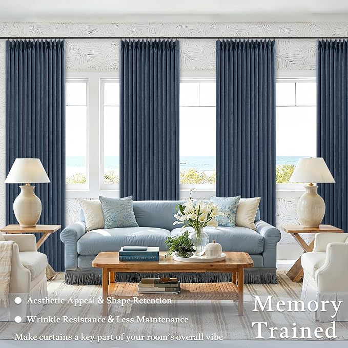Navy Blue Linen Blackout Pinch Pleated Double Layer Curtains 90 Inches Long | - Image 3
