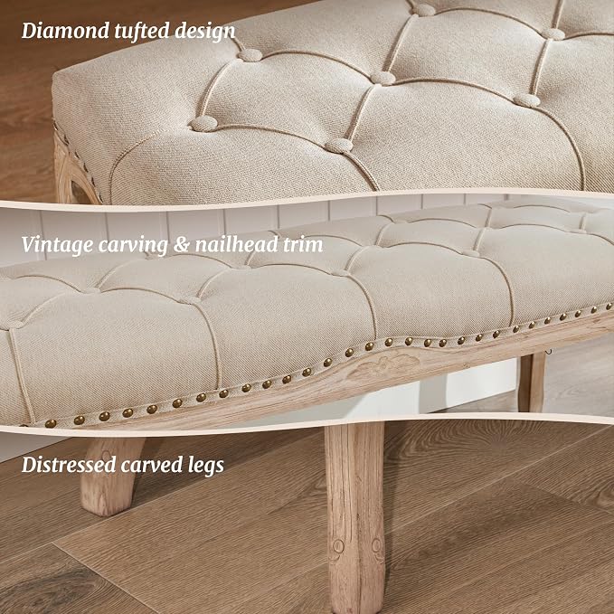 Bedroom Bench, French Vintage Tufted Entryway 52.5" Carving Upholstered End of - Image 4