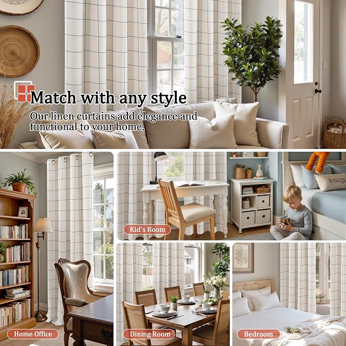 Plaid Blackout Curtains for Bedroom, 52x63 Inch 2 Panels, Dark Grey | Boho - Image 4