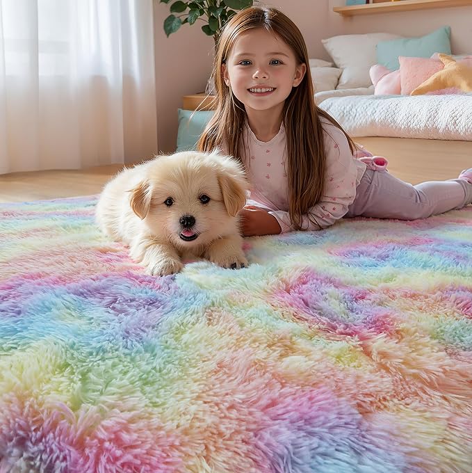 Fluffy Rainbow Large Area Rug 8x10, Soft Washable Shag Carpet | Cute plush - Image 2