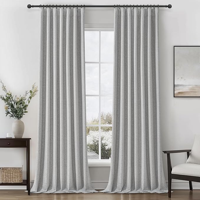 Grey Linen Room Darkening Curtains 96 Inches Long 2 Panels Set by QJMYDECO