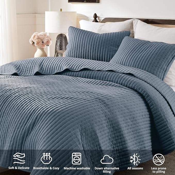 WDCOZY Blue Cross Stitch Queen Size Quilt Set, Striped Lightweight Soft - Image 4