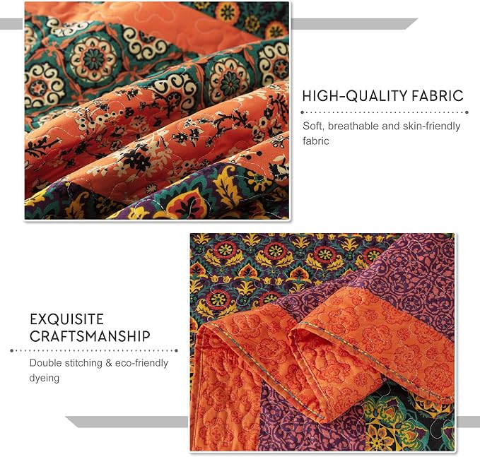 Boho Stripe Quilt Sets Floral Printed Reversible Soft Bohemian Bedding Set - Image 5