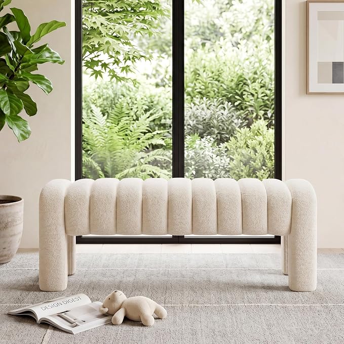 43" End of Bed Bench, Linen Beige | Channel Tufted Upholstered, Entryway Bench by Zibeths