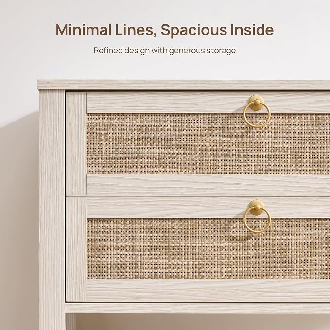 SICOTAS White Rattan Nightstand, Wide Bedside Table - Image 4