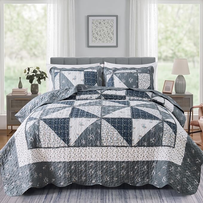 Full/Queen Size Quilt Set Grey Floral Patchwork Bedspreads Bedding Set | by VIVILINEN
