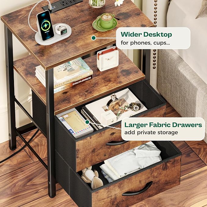 Huuger Night Stand with Charger Station and LED Lights, 2 Drawer Nightstand | - Image 7