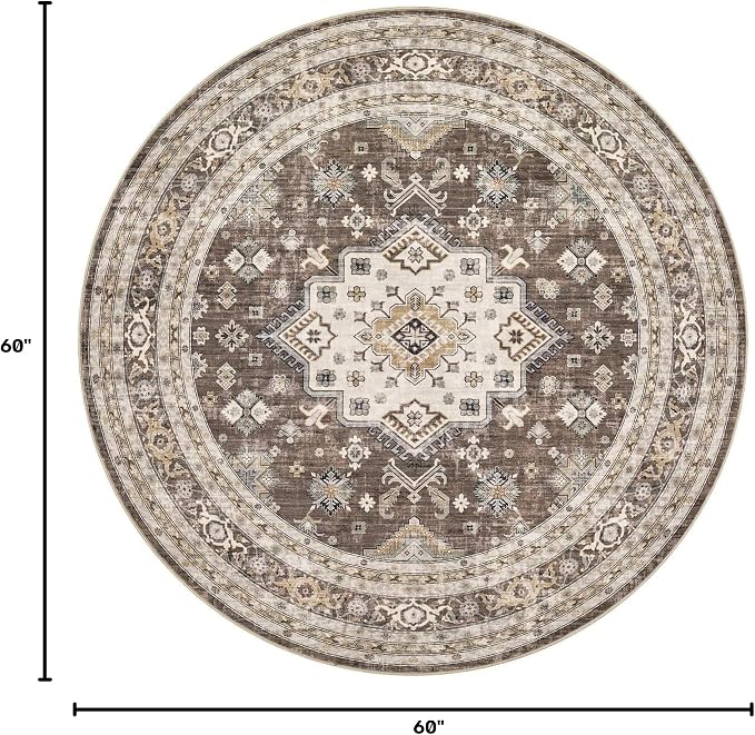 cotiled 5ft Round Living Room Area Rug, Traditional, Dark Brown | Soft - Image 2