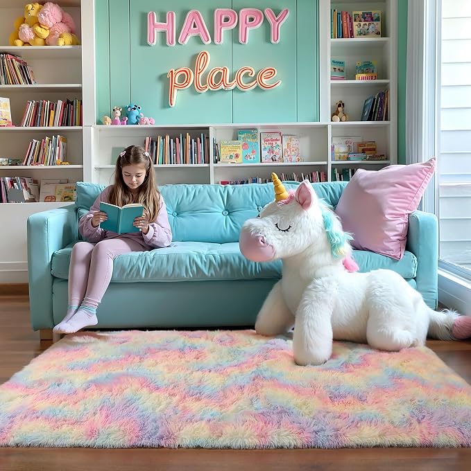6x9 Rainbow Unicorn Rug for Kids Bedroom, Soft Plush Shag Carpet | Pastel - Image 7