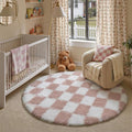 Pink Round Rug 6ft for Bedroom Soft Fluffy Checkered Shag Carpet | Machine by PureCozy