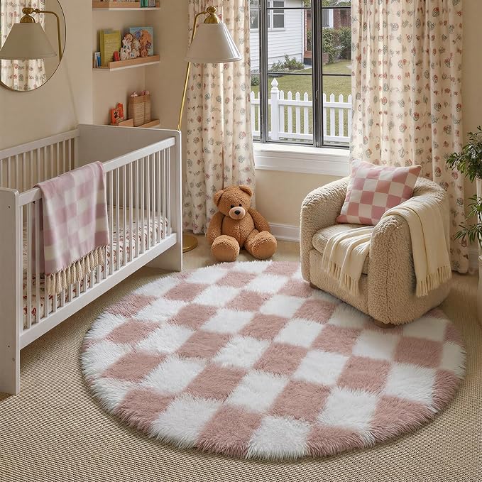 Pink Round Rug 6ft for Bedroom Soft Fluffy Checkered Shag Carpet | Machine by PureCozy