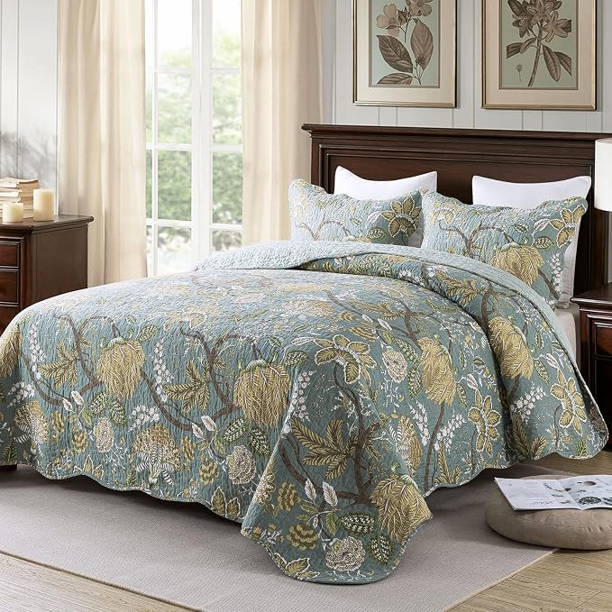 3-Piece Quilt Set Quilted Bedspread Cotton Coverlet Set Floral Printed - Image 2
