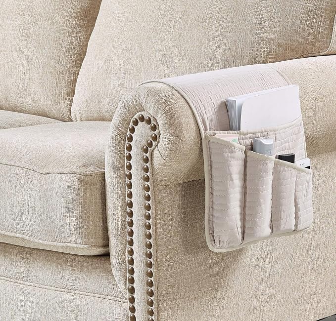 Brilliant Sunshine Light Beige Quilted Couch Armrest Cover, Armrest Organizer & - Image 3