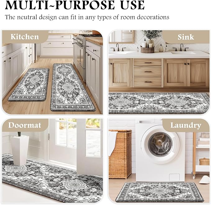 Boho Kitchen Mats for Floor 2 Piece Set Anti Fatigue Cushioned PVC Kitchen Rugs Non Slip Waterproof Farmhouse Mats 2/5 Inch Comfort Standing Mat for Sink, Laundry, Office, 17.3"x47"+17.3"x28", Grey