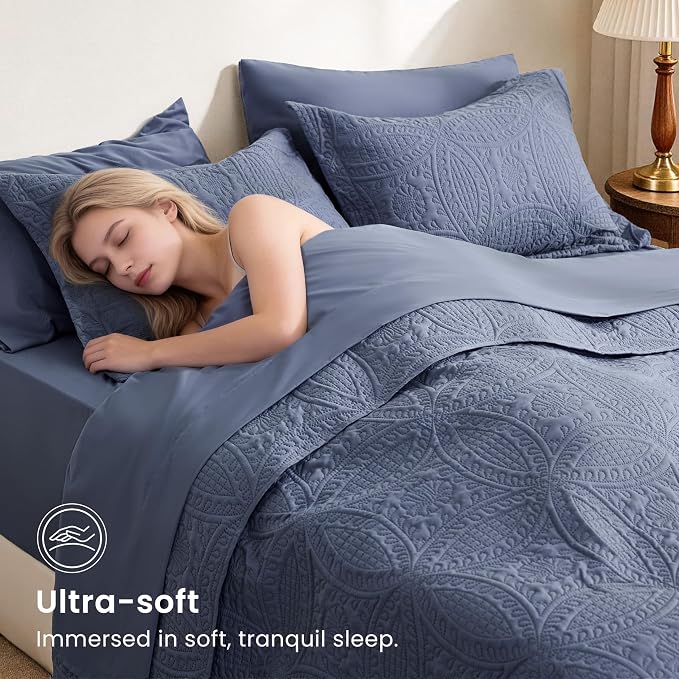 Love's cabin King Quilt Set Bluish Grey, Bed in a Bag King Size Bedding 7 Pcs - Image 5