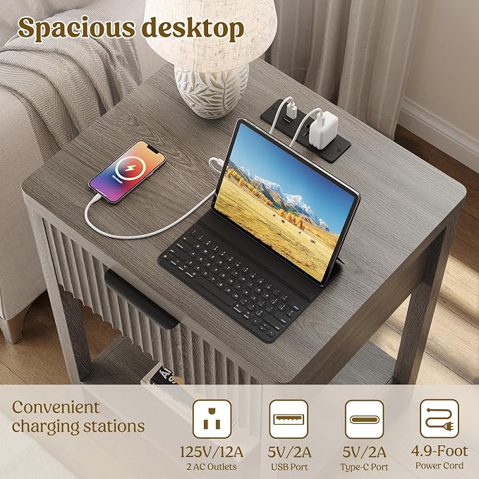 Night Stand Set 2, Fluted Wood Nightstands w/Charging Station - Image 5