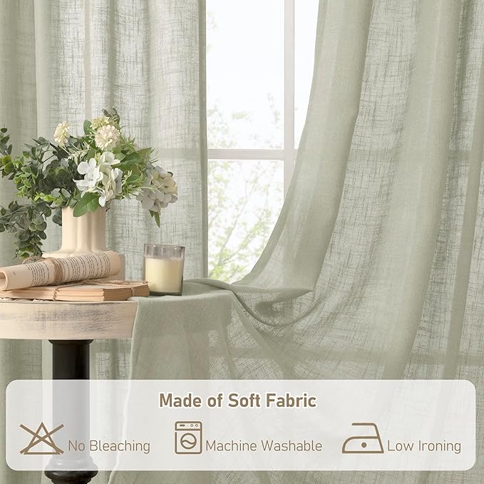 LAMIT Sage Grey Semi Sheer Linen Curtains 45 Inches Long 2 Panels, Light Filtering Panels Back Tab and Rod Pocket Neutral Drapes for Kitchen/Window/Bedroom, 52 x 45 Inch