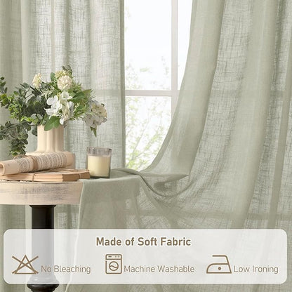 LAMIT Sage Grey Semi Sheer Linen Curtains 45 Inches Long 2 Panels, Light Filtering Panels Back Tab and Rod Pocket Neutral Drapes for Kitchen/Window/Bedroom, 52 x 45 Inch