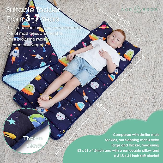 ACRABROS Toddler Nap Mat with Pillow and Blanket, Extra Large Rolled Napping Mats,Slumber Bags for Boys Girls,Kids Sleeping Bag for Daycare, Preschool Travel Camping,Space