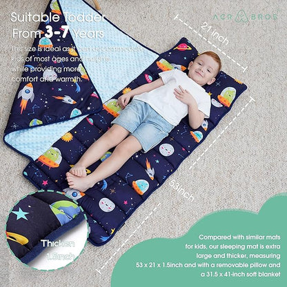 ACRABROS Toddler Nap Mat with Pillow and Blanket, Extra Large Rolled Napping Mats,Slumber Bags for Boys Girls,Kids Sleeping Bag for Daycare, Preschool Travel Camping,Space