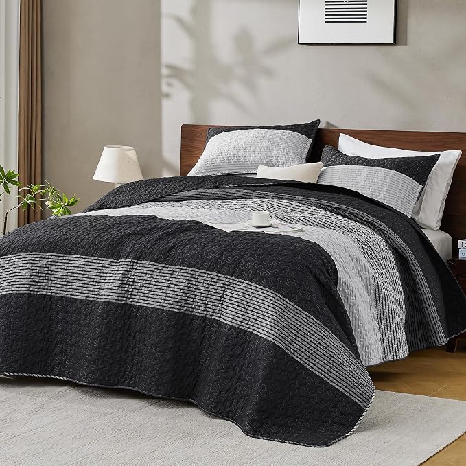Oversized King Quilt Set Black White, 3 Pieces Stripe Bedspread | 128x120 Inch - Image 8