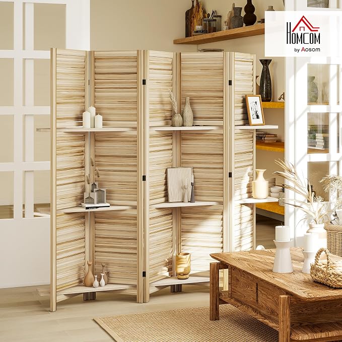 HOMCOM Room Divider with Shelves, 5 Panel, Natural Wood | Wood Privacy Screen - Image 2