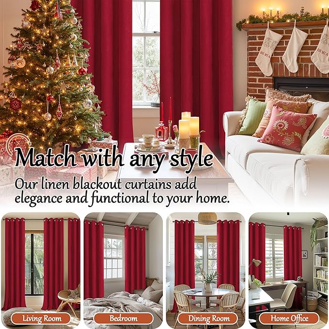 Red Christmas Linen Blackout Curtains 54 Inch Long 2 Panels, Cold Blocking Winter Thermal Insulated Curtains for Living Room Small Window Decor, Soundproof Curtains Each 52x54 Inch 2 Panels